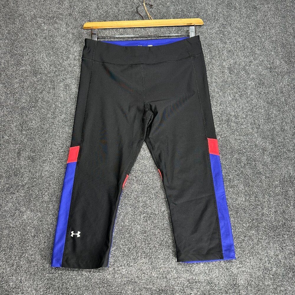 Under Armour Pants Womens Large Compression  Black Blue Heat Gear Crop Pull On